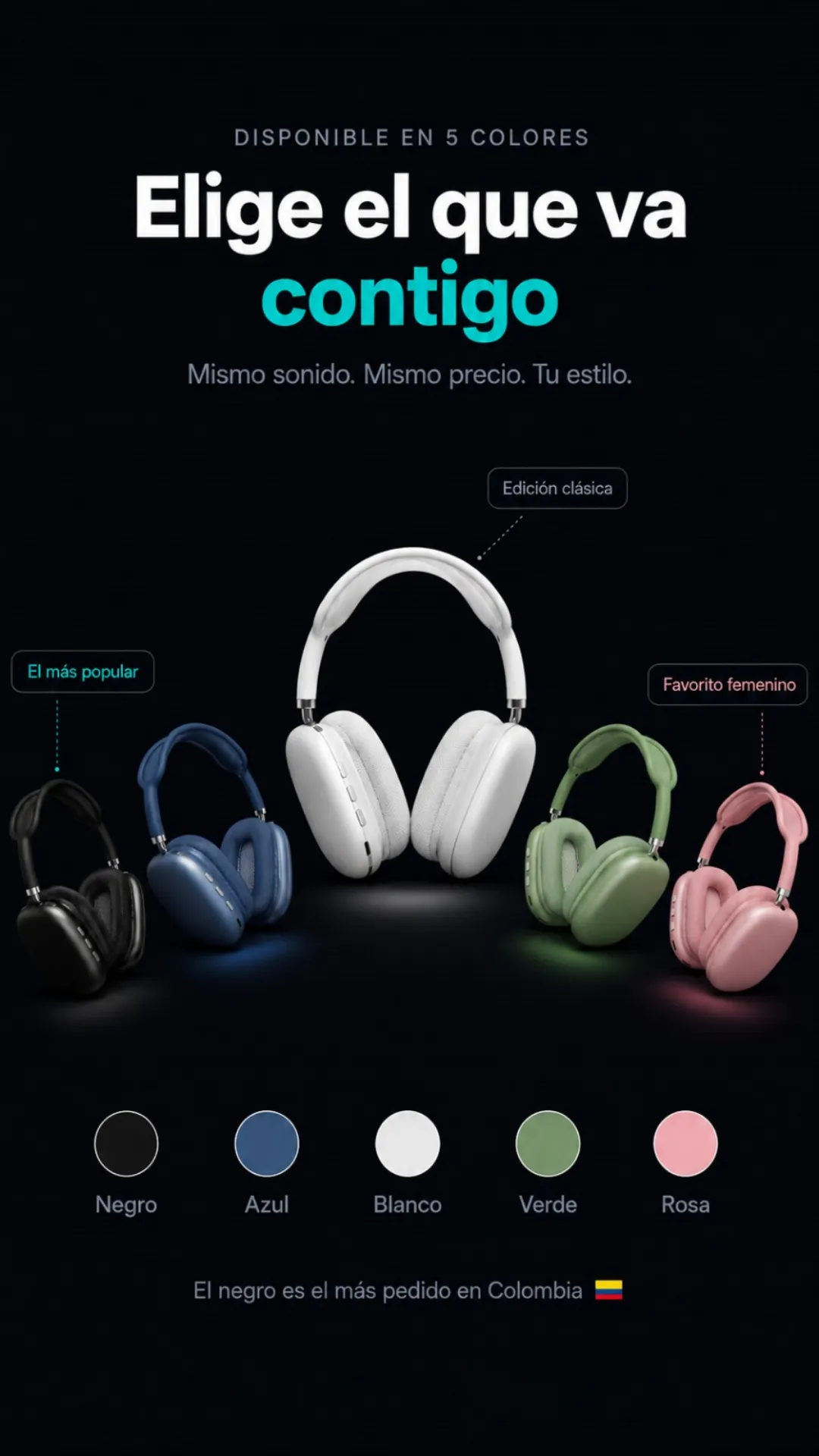 Audífonos disponibles en cinco colores