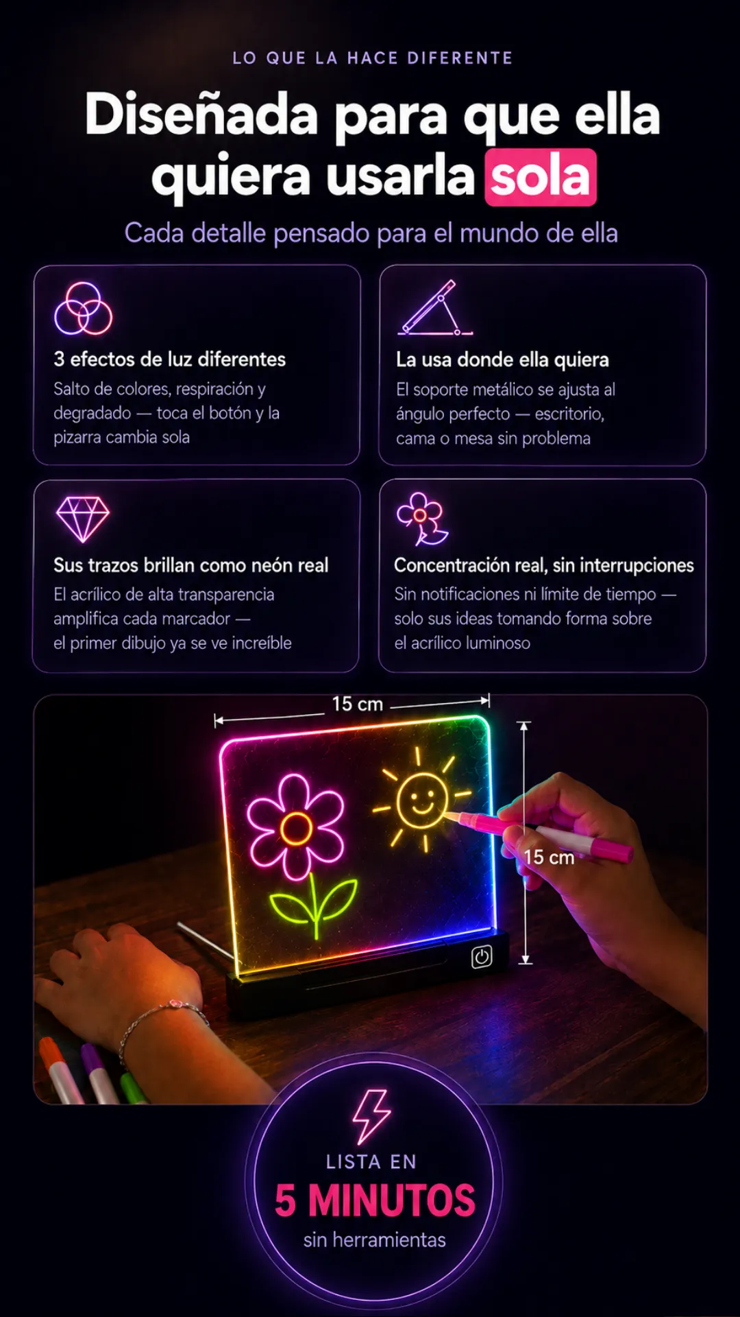 Beneficios de la Pizarra LED Mágica: efectos de luz, soporte, neón real y concentración