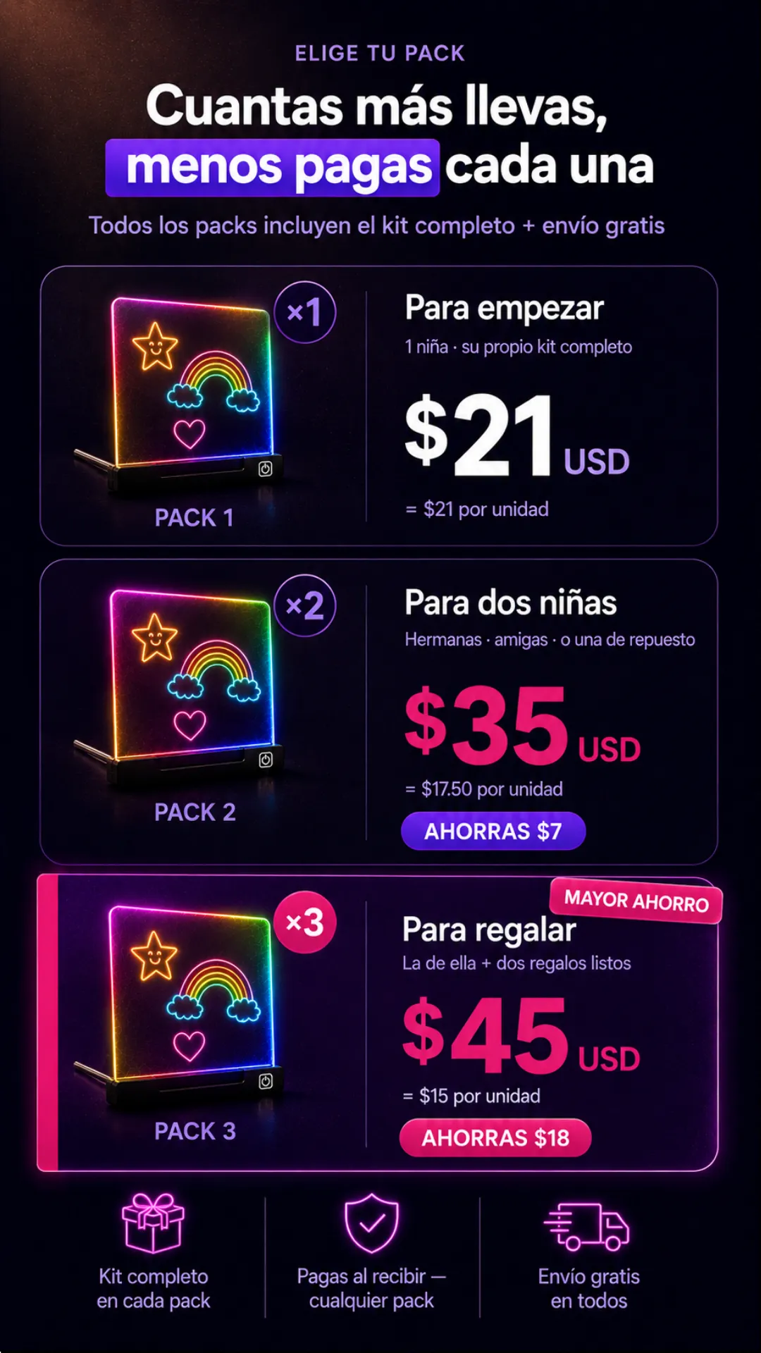 Packs de Pizarra LED Mágica: pack 1, pack 2 y pack 3 con ahorro