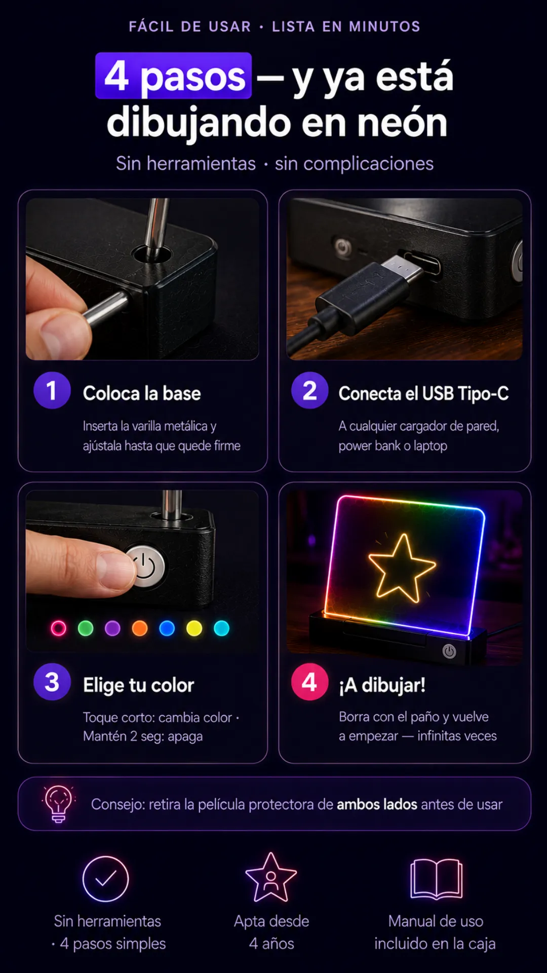 4 pasos para usar la Pizarra LED Mágica