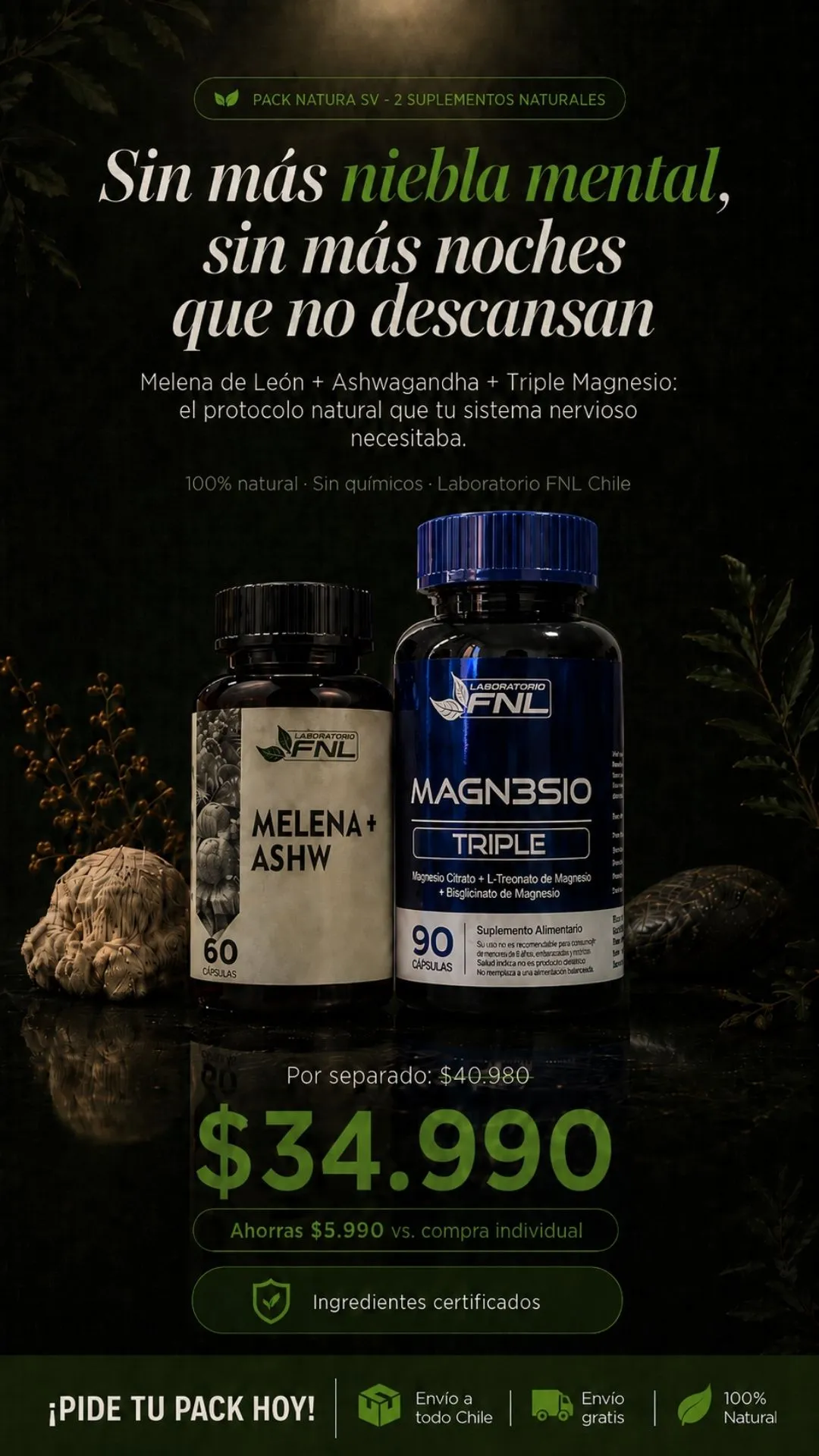Pack Natura SV de Melena+ASHW y Magn3sio Triple en oferta por 34.990 pesos.