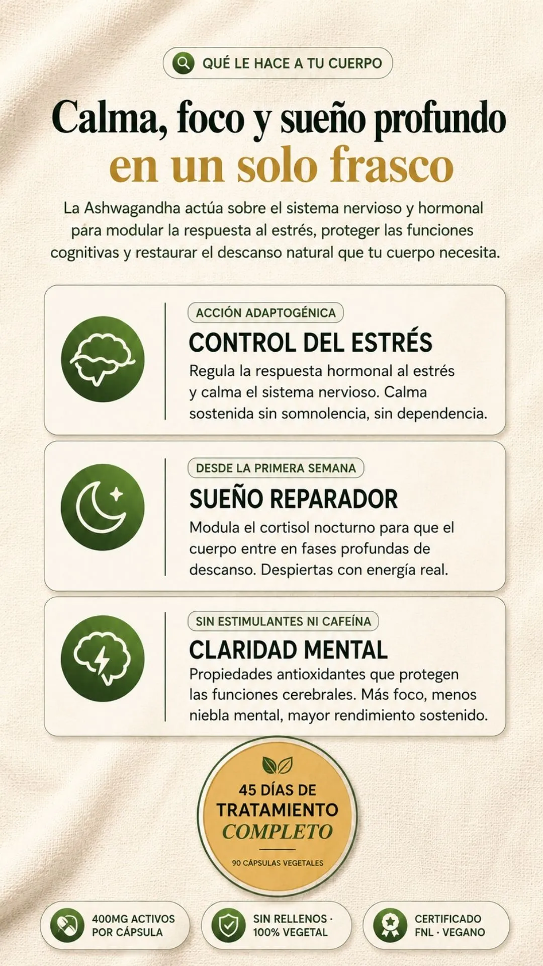 Beneficios presentados: control del estrés, sueño reparador y claridad mental.