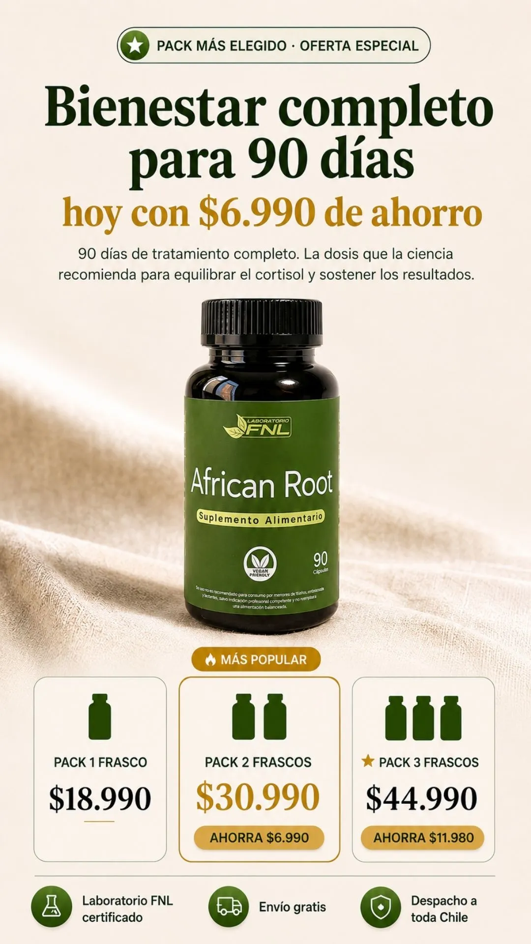 Opciones de uno, dos y tres frascos de Ashwagandha.