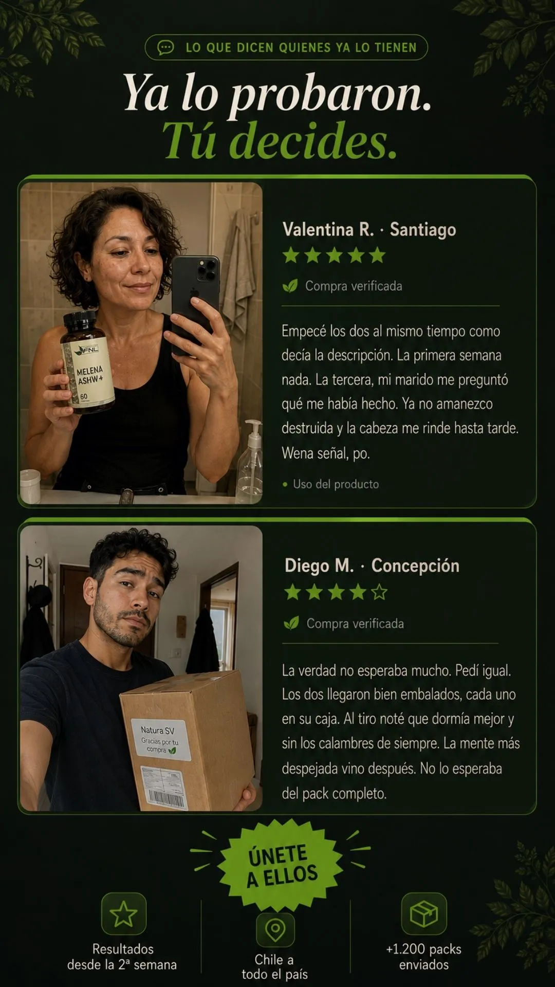 Testimonios verificados de Valentina y Diego.