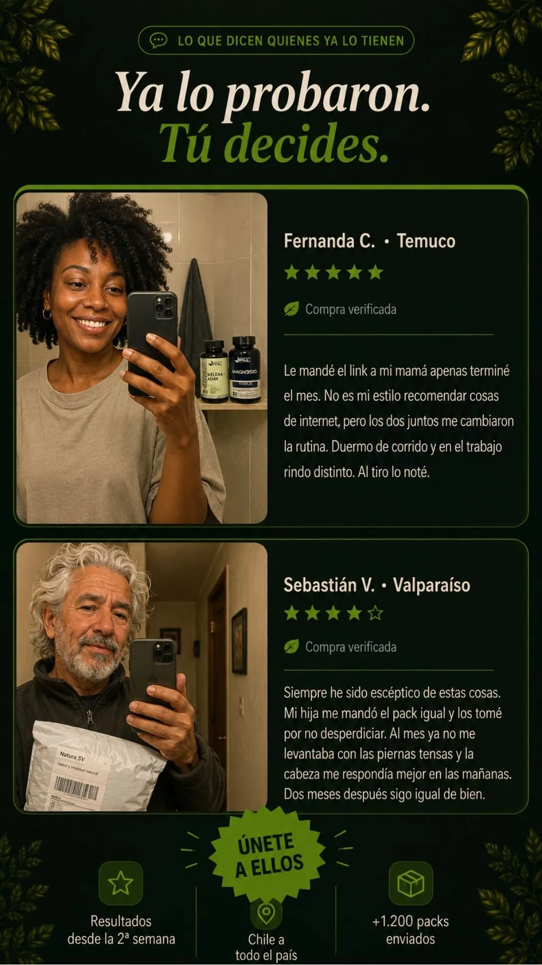 Testimonios verificados de Fernanda y Sebastián.